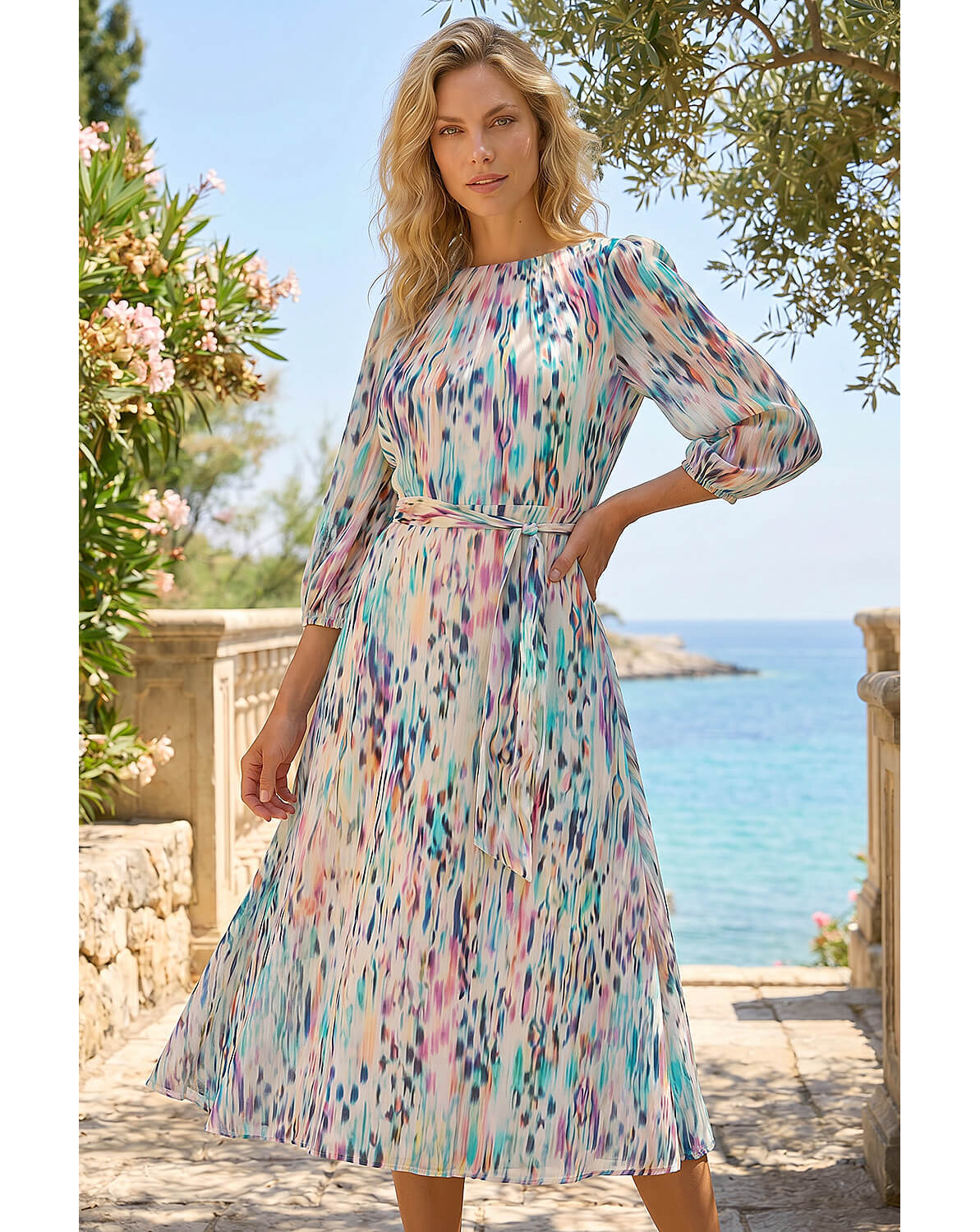 Roman Blurred Pleat Neck Midi Dress