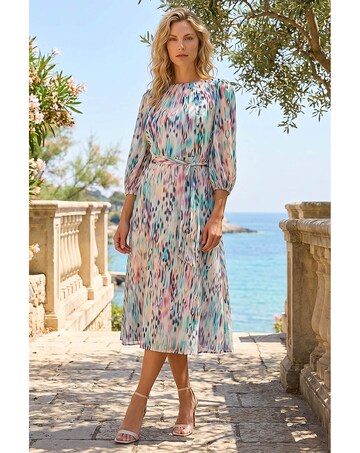 Roman Blurred Pleat Neck Midi Dress