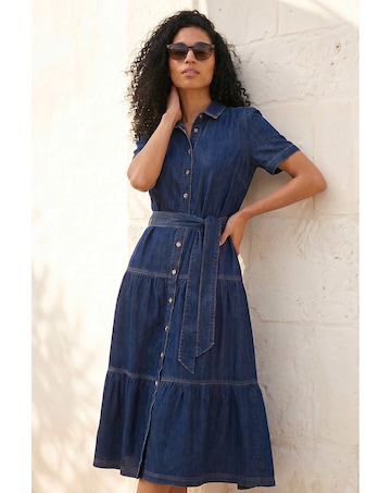 Roman Denim Tiered Cotton Midi Dress