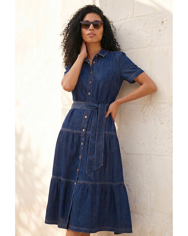 Roman Denim Tiered Cotton Midi Dress