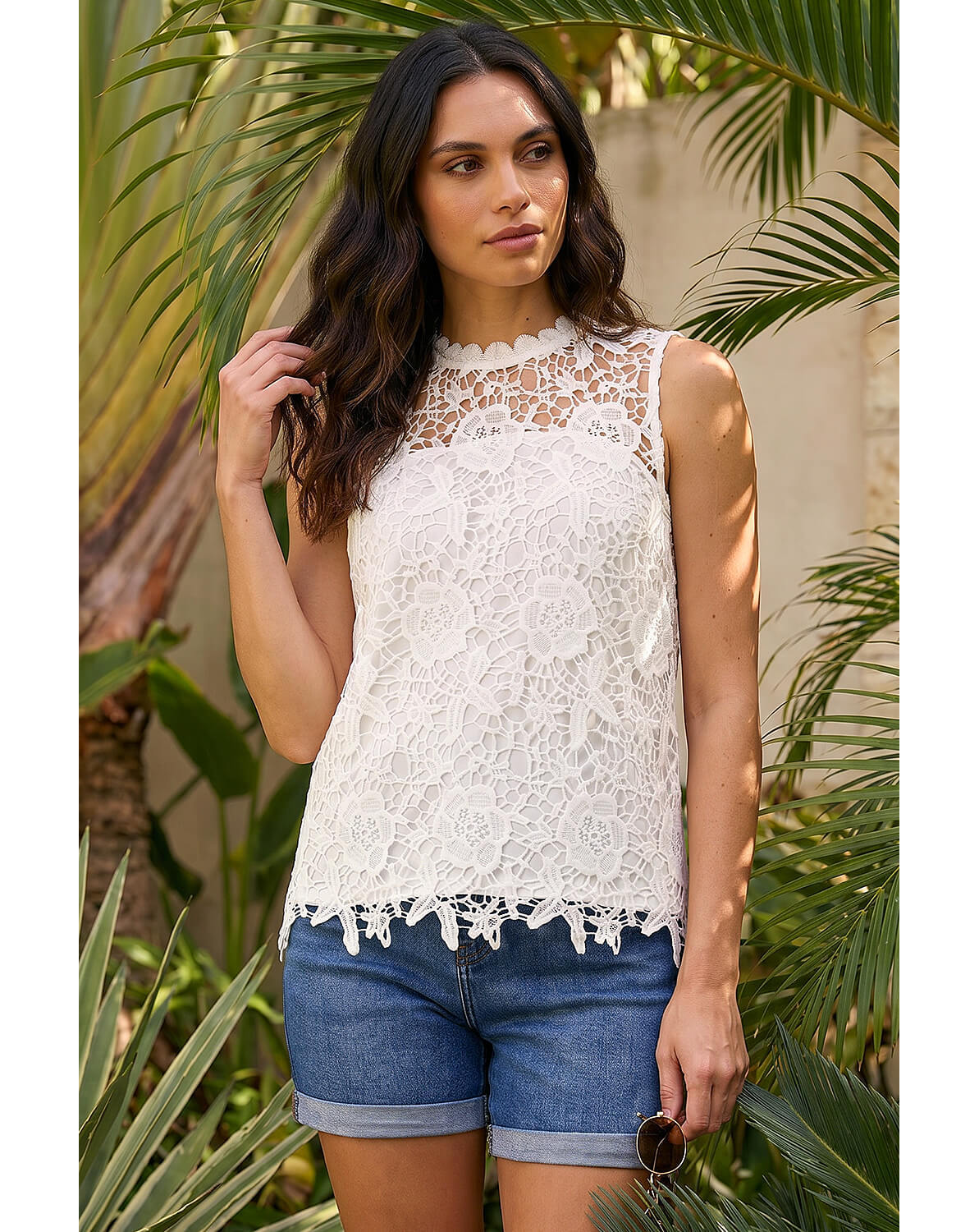 New In - Roman High Neck Stretch Lace Top