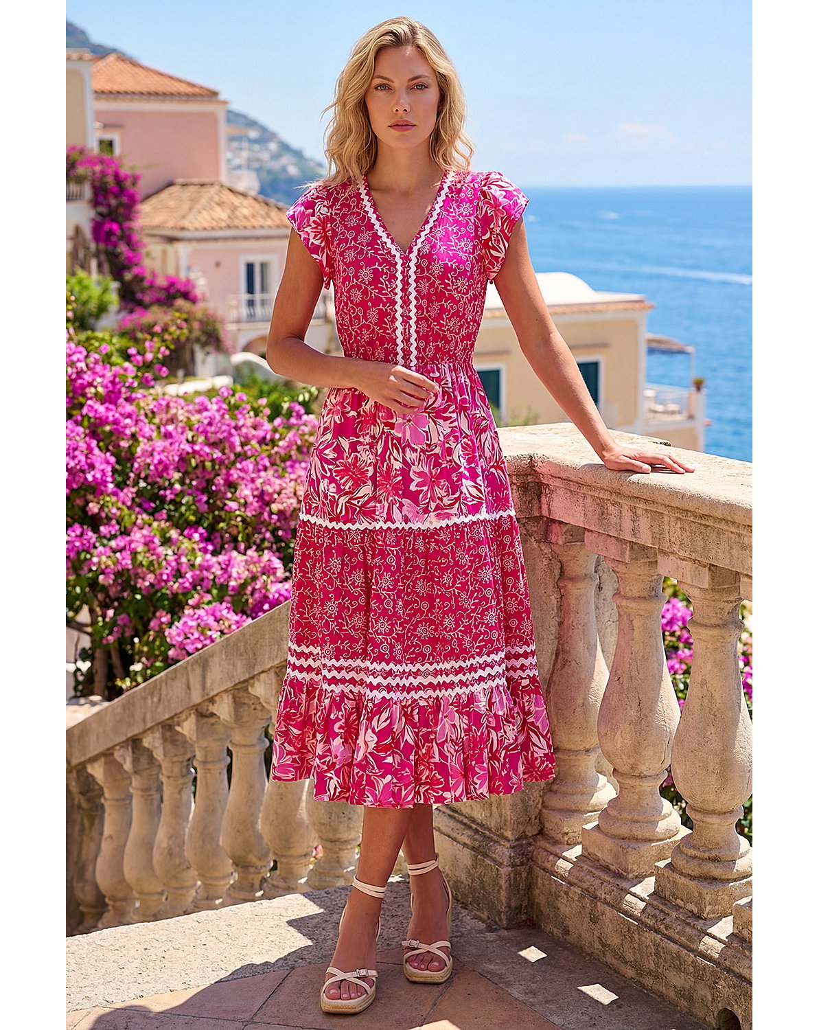 Roman Floral Print Ric Rac Midi Dress