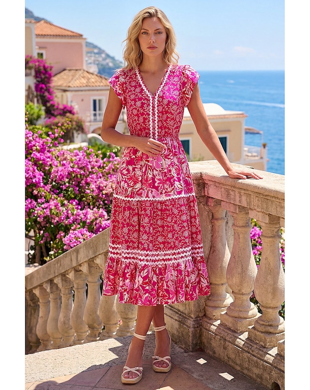 Roman Floral Print Ric Rac Midi Dress