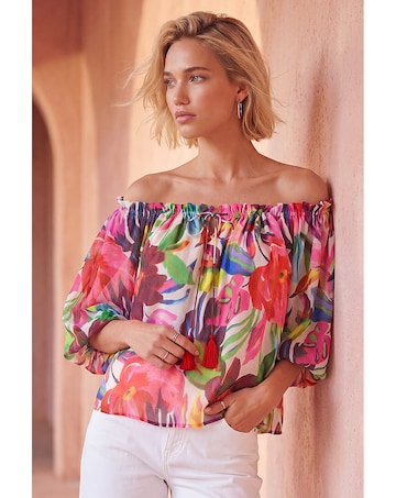 Roman Floral Print Tie Front Bardot Top