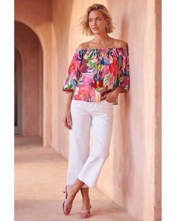 Roman Floral Print Tie Front Bardot Top