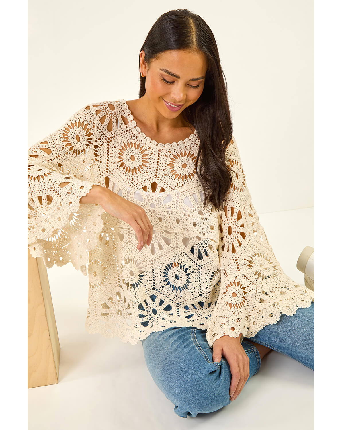 New In - Roman Petite Crochet Flare Sleeve Top