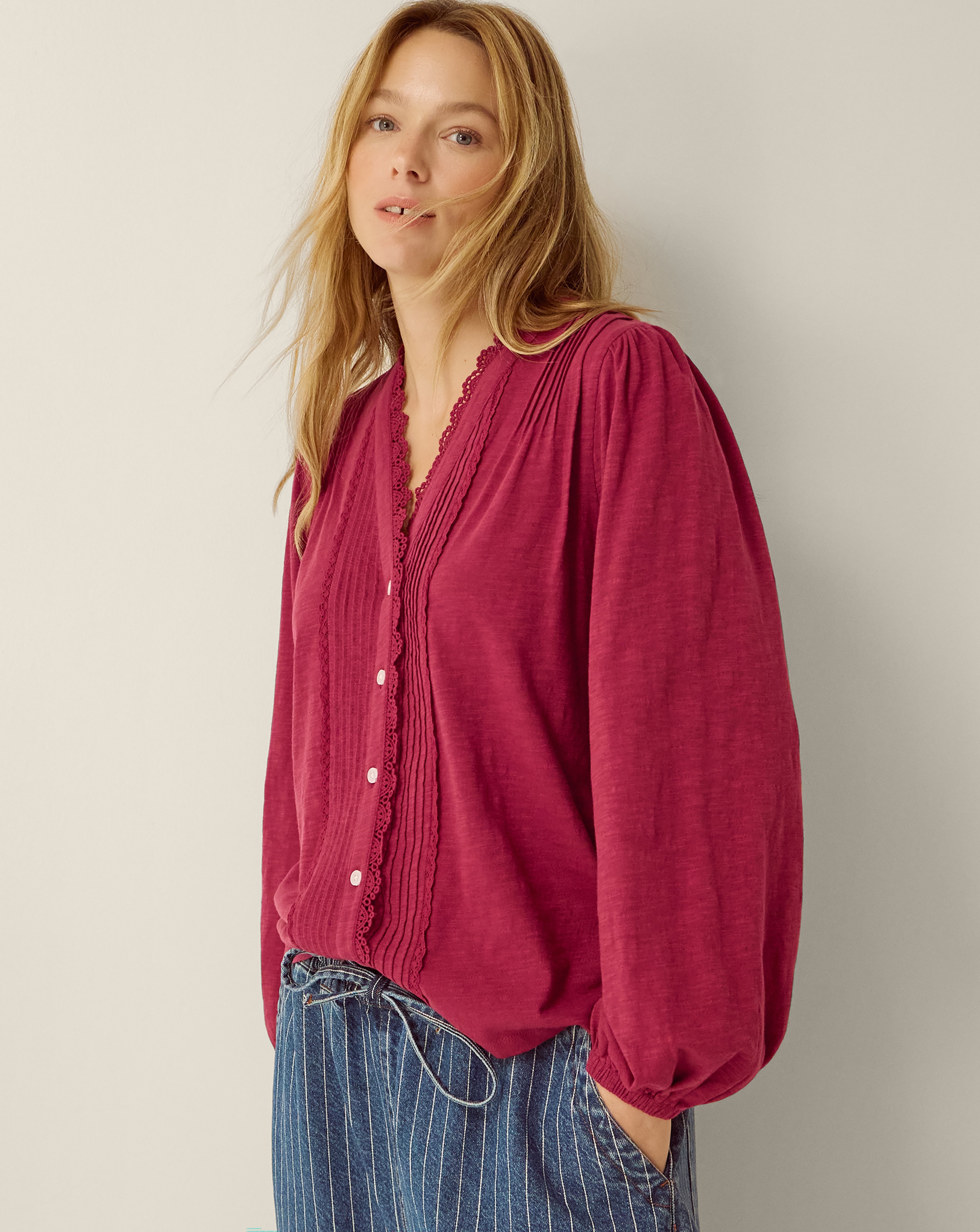 Monsoon Jenny Pintuck Lace Jersey Blouse