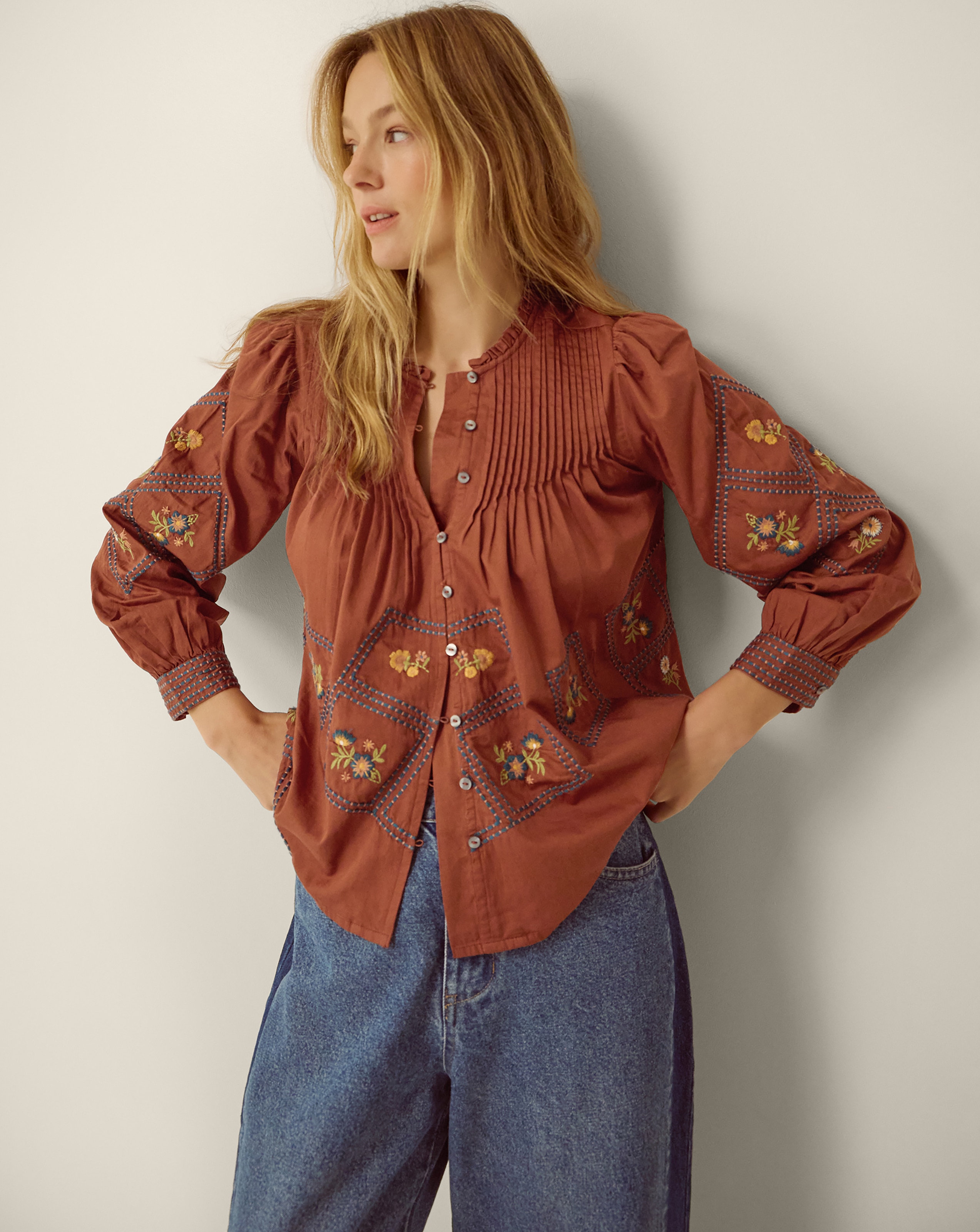 New In - Monsoon Sadie Embroidered Pintuck Blouse