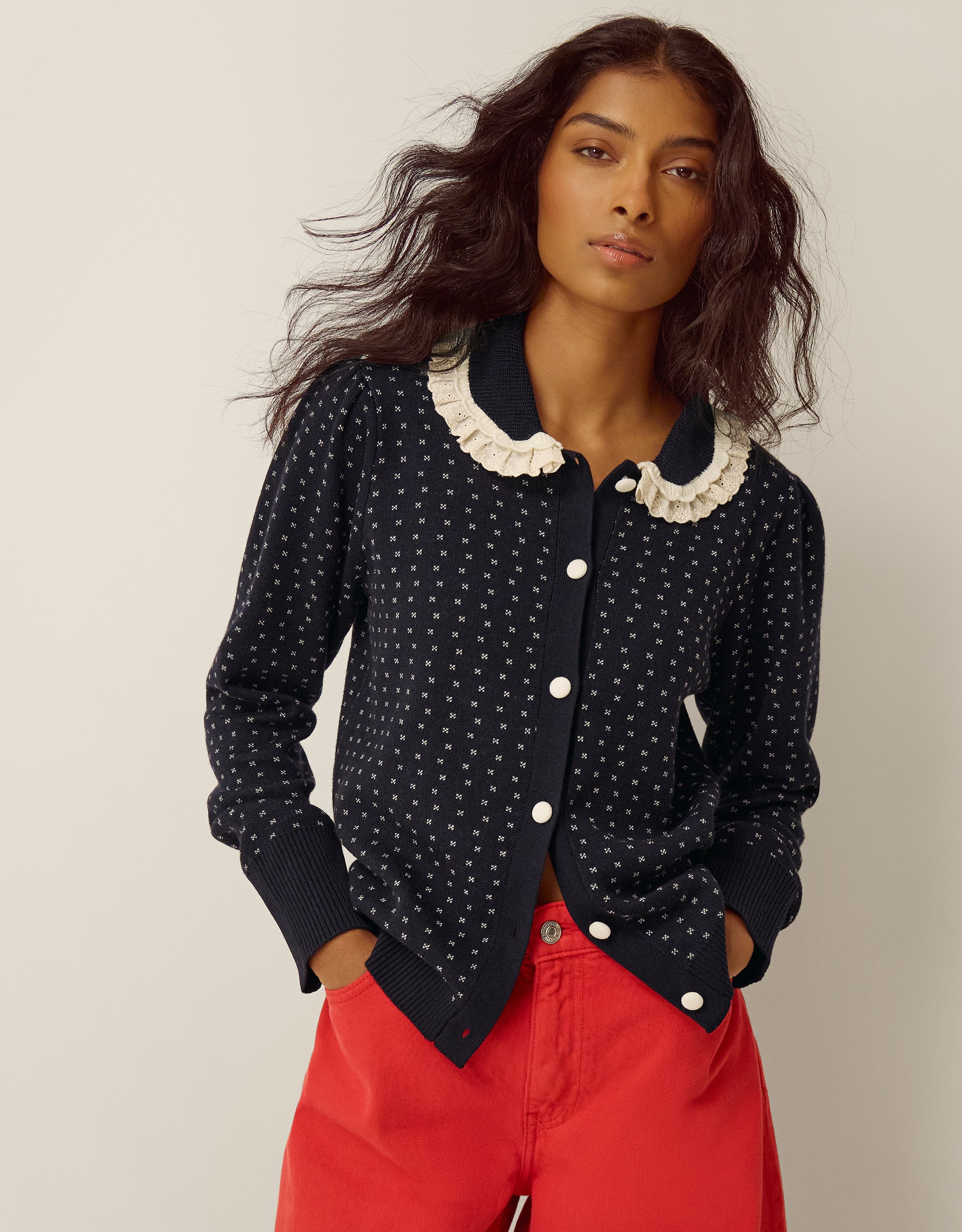 New In - Monsoon Camila Broderie Collar Cardigan