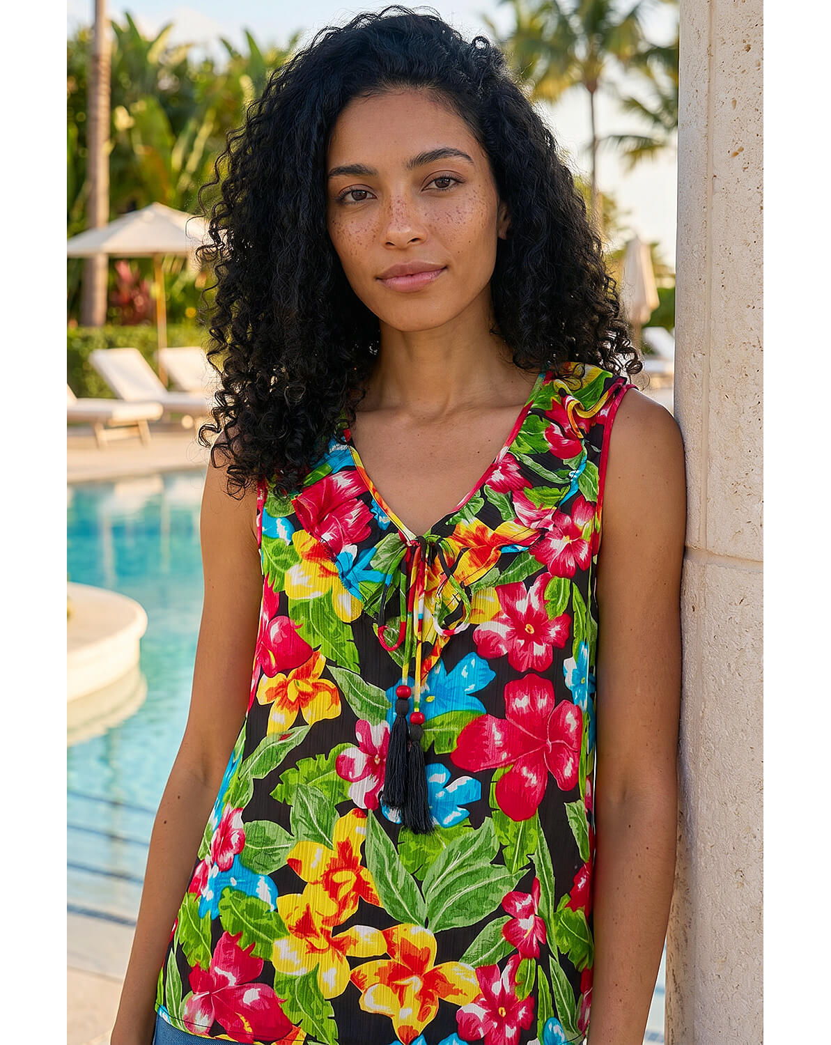 New In - Roman Floral Print Tie Front Frill Top