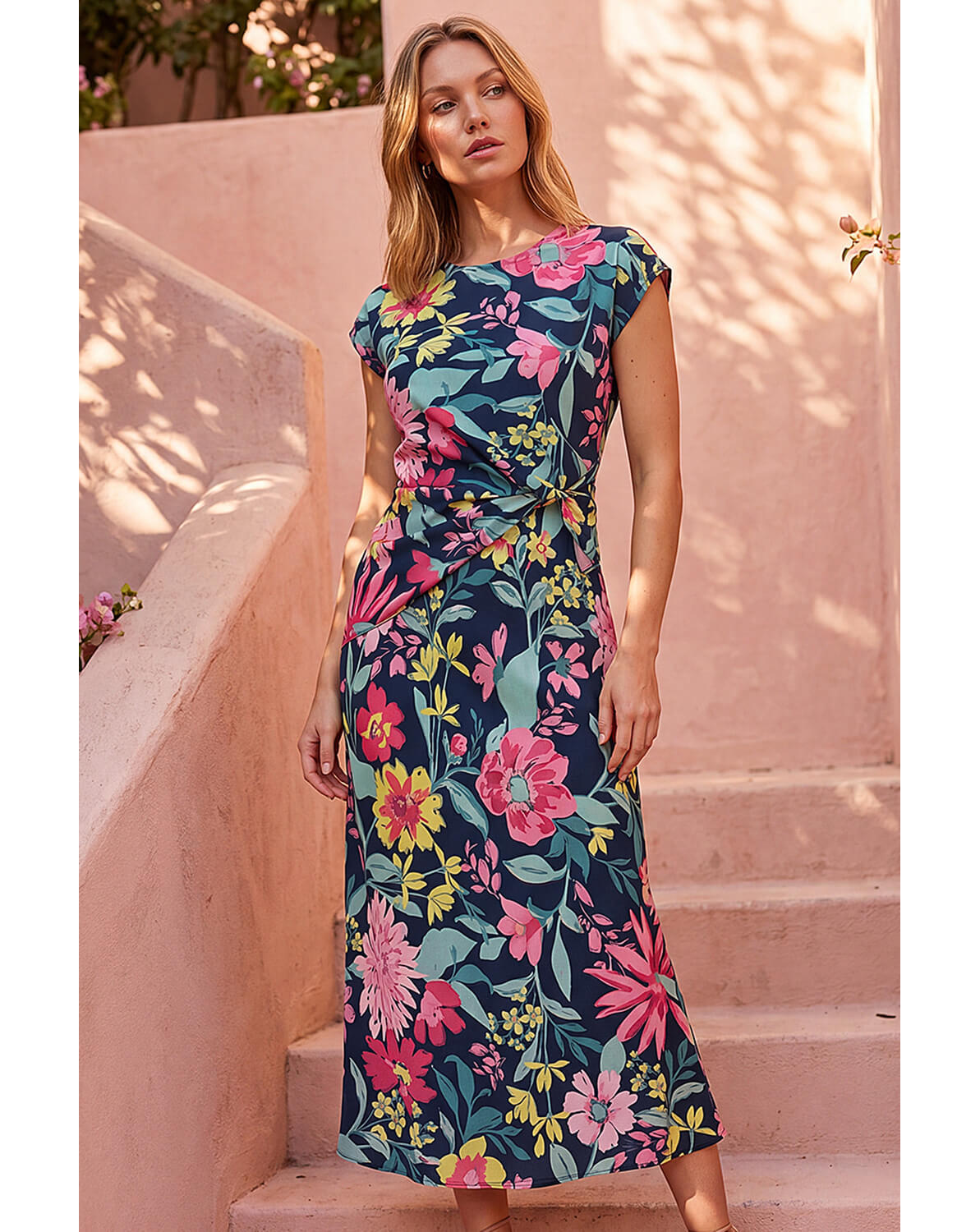 New In - Roman Floral Leaf Print Wrap Twist Dress
