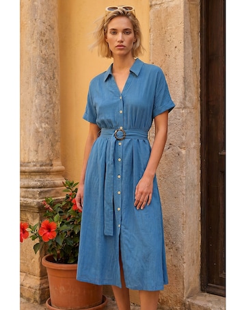 Roman Linen Look Belted Shirt Dress