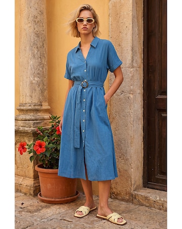 Roman Linen Look Belted Shirt Dress