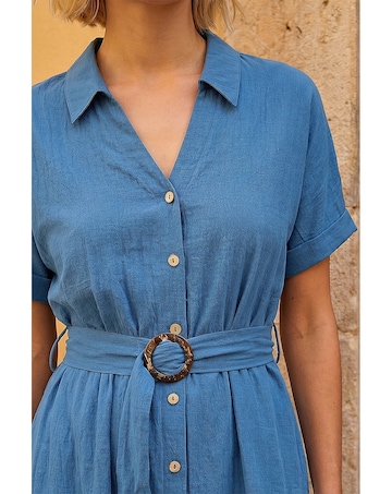 Roman Linen Look Belted Shirt Dress