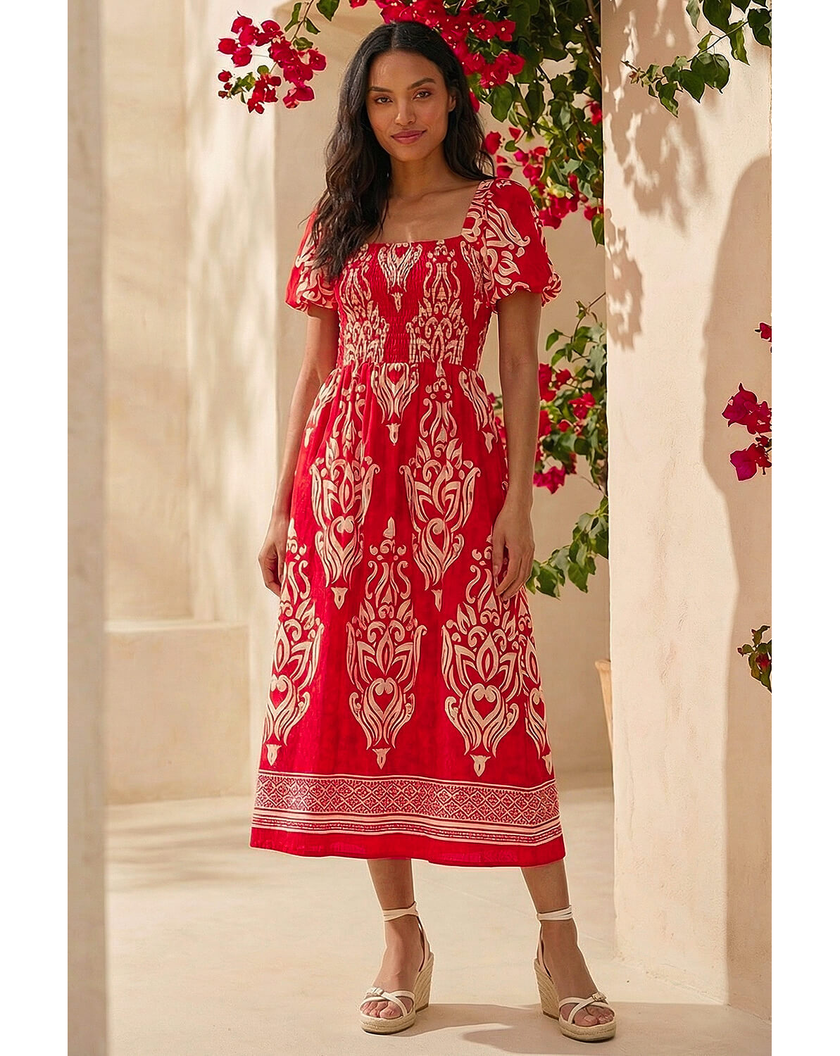 New In - Roman Abstract Print Shirred Midi Dress