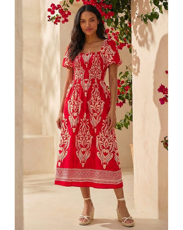 Roman Abstract Print Shirred Midi Dress