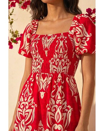 Roman Abstract Print Shirred Midi Dress
