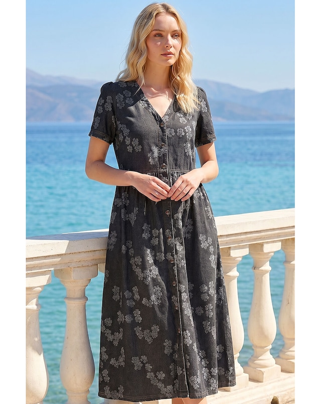 Roman Floral Denim Shirt Dress