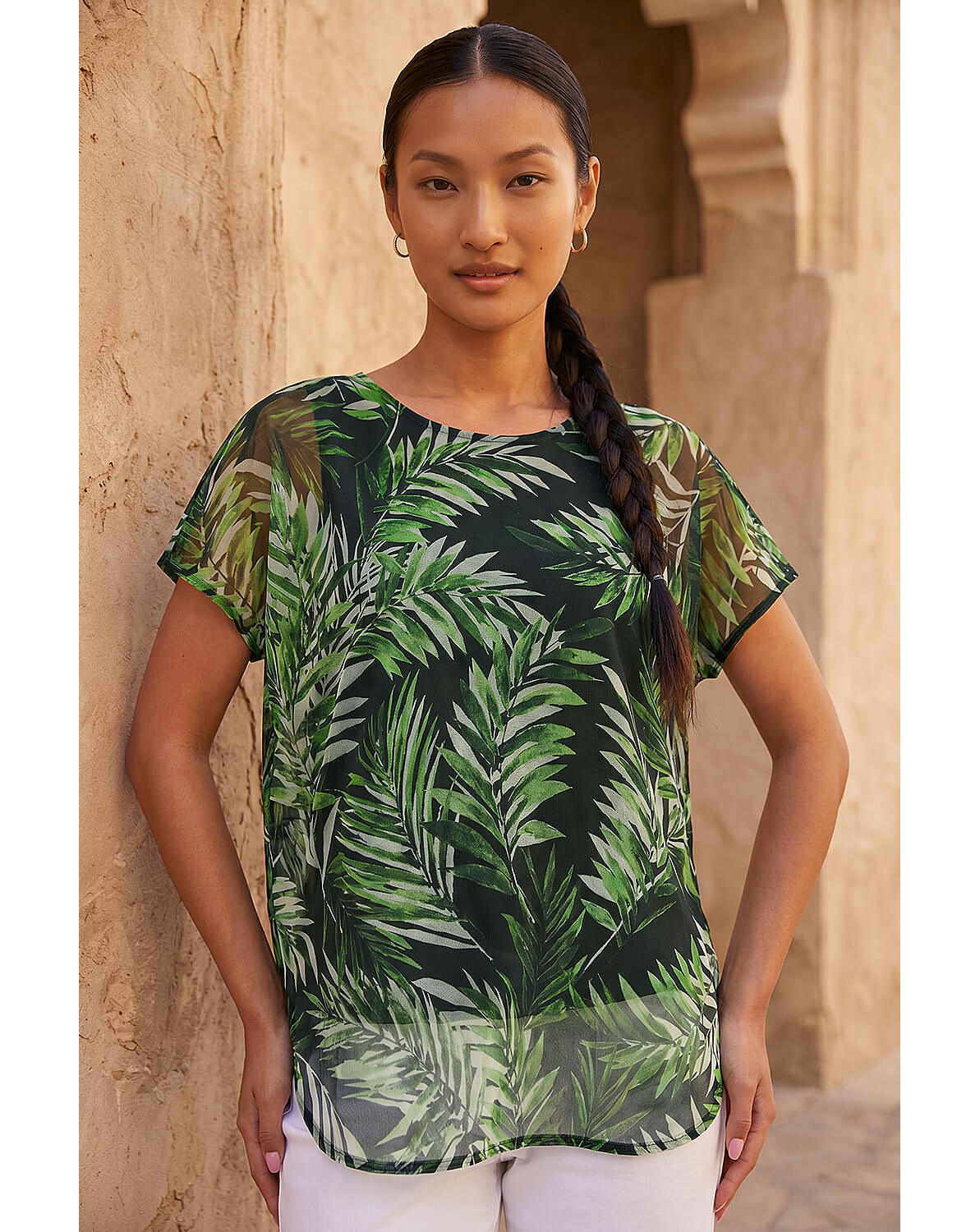 Roman Palm Print Mesh Overlay Top
