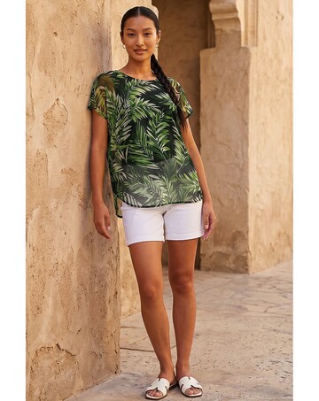 Roman Palm Print Mesh Overlay Top