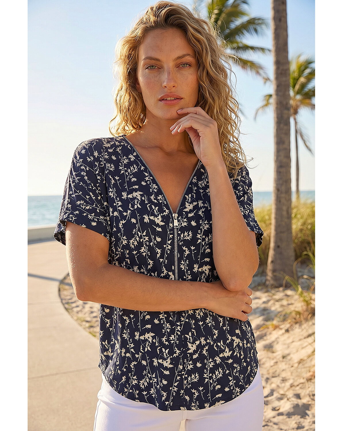 Roman Floral Puff Print Zip Front Top