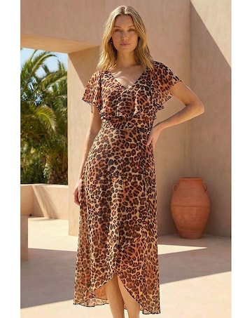 Roman Animal Wrap Chiffon Midi Dress