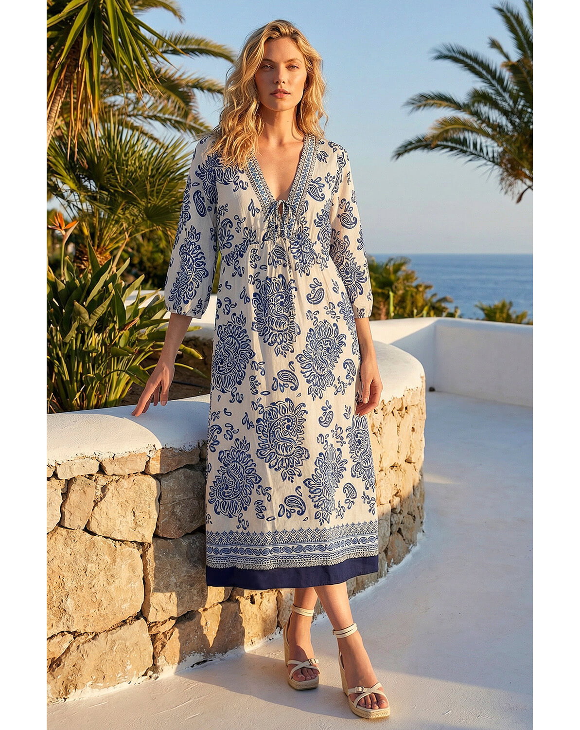 Roman Border Print V-Neck Midi Dress