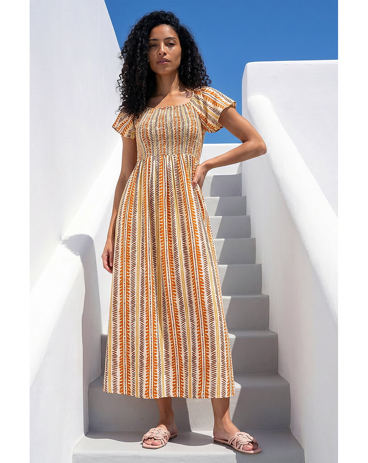 Roman Abstract Stripe Shirred Midi Dress