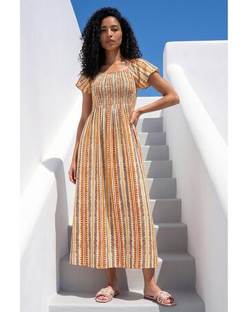 Roman Abstract Stripe Shirred Midi Dress