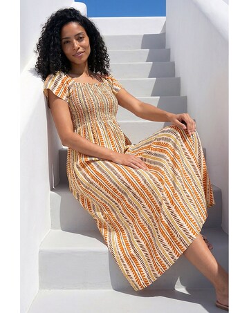 Roman Abstract Stripe Shirred Midi Dress