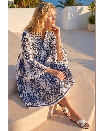 Roman Beaded Tassel Trim Smock Dress