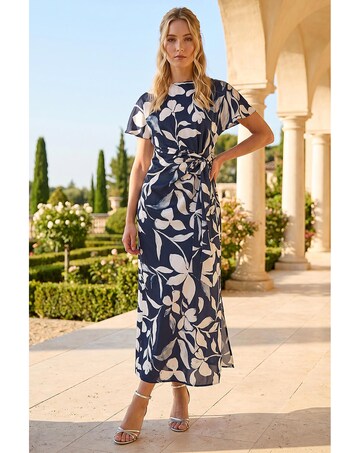 Roman Floral Print Side Tie Crepe Dress