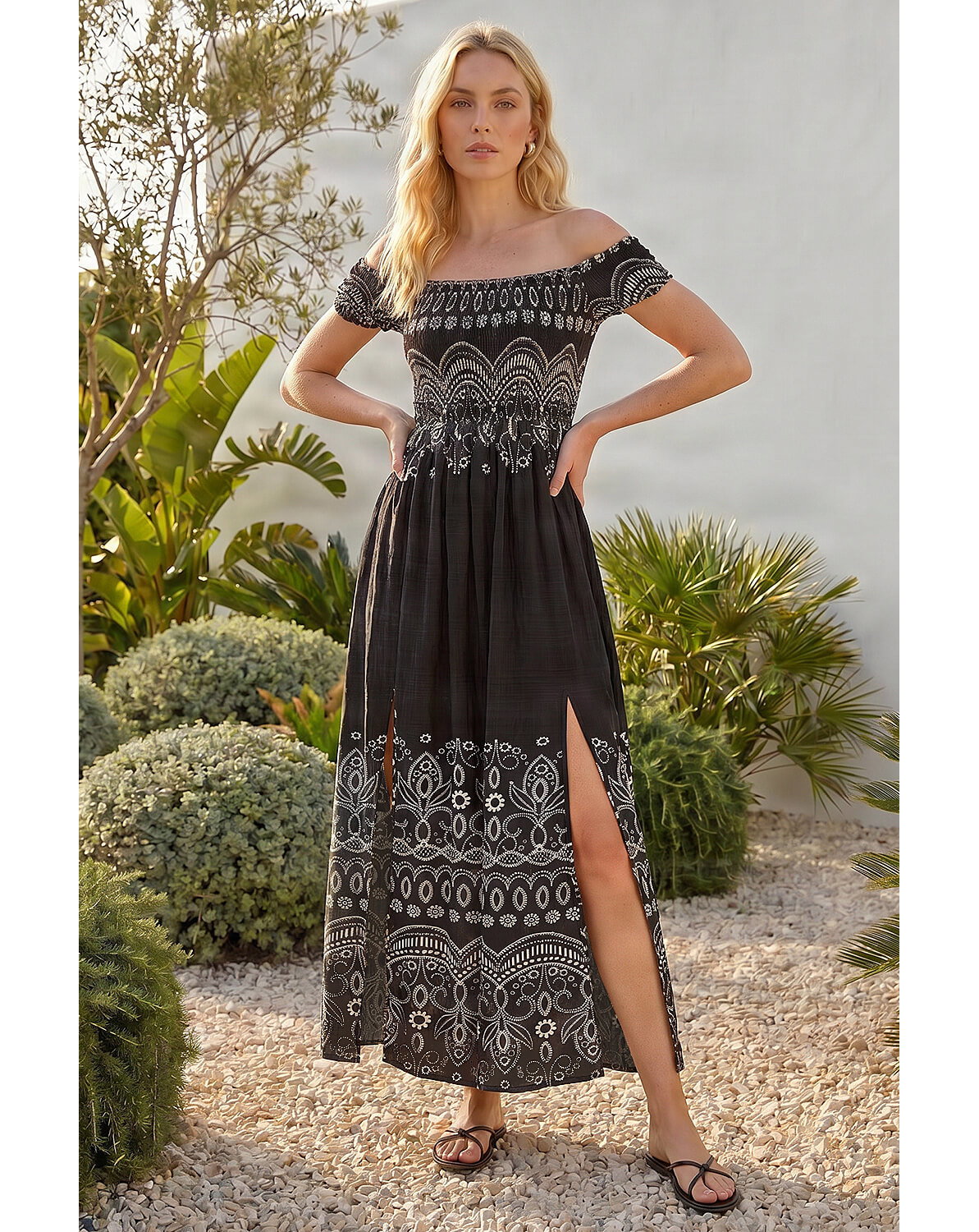 Roman Border Bardot Shirred Midi Dress