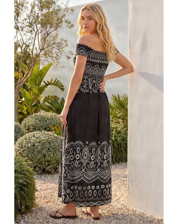Roman Border Bardot Shirred Midi Dress