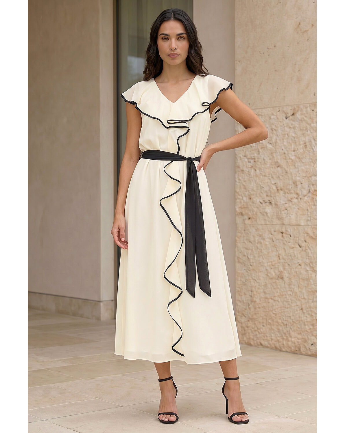 Roman Frill Contrast Tipped Midi Dress