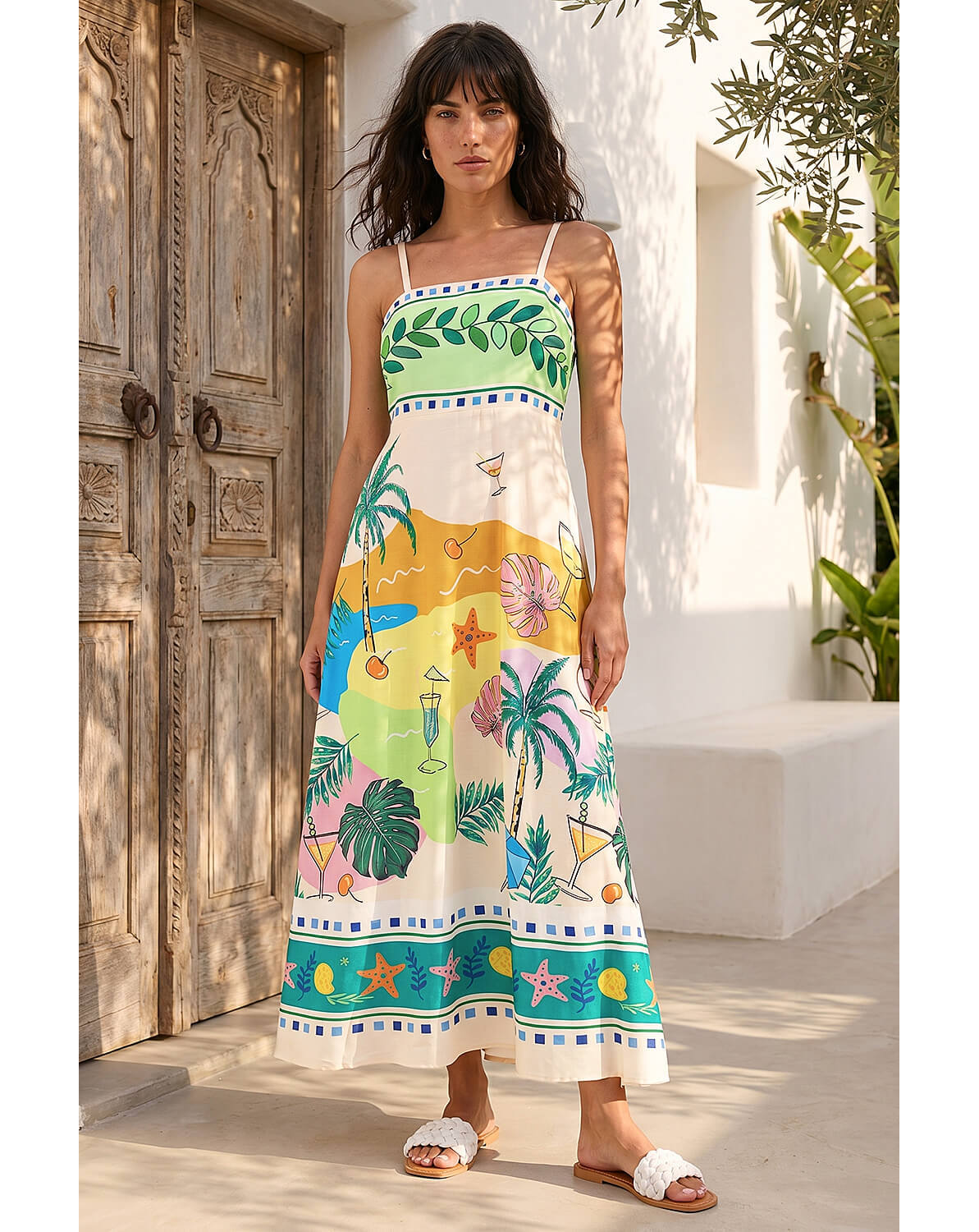 New In - Roman Beach Print Strappy Midi Dress