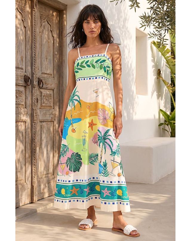 Roman Beach Print Strappy Midi Dress