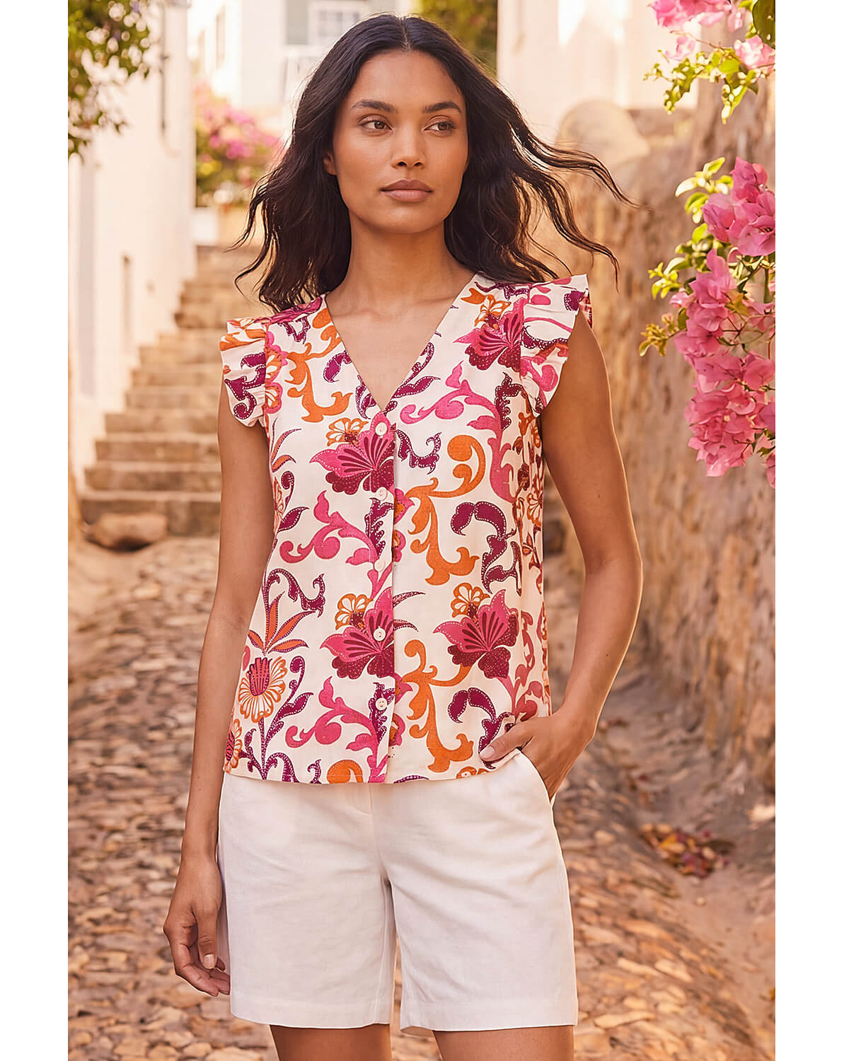 New In - Roman Floral Print Frill Sleeve Blouse