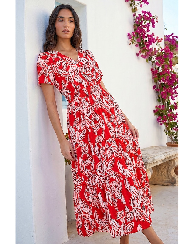 Roman Leaf Print Shirred Maxi Dress