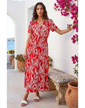 Roman Leaf Print Shirred Maxi Dress