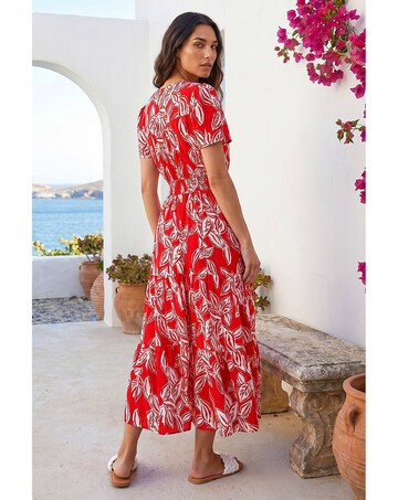 Roman Leaf Print Shirred Maxi Dress