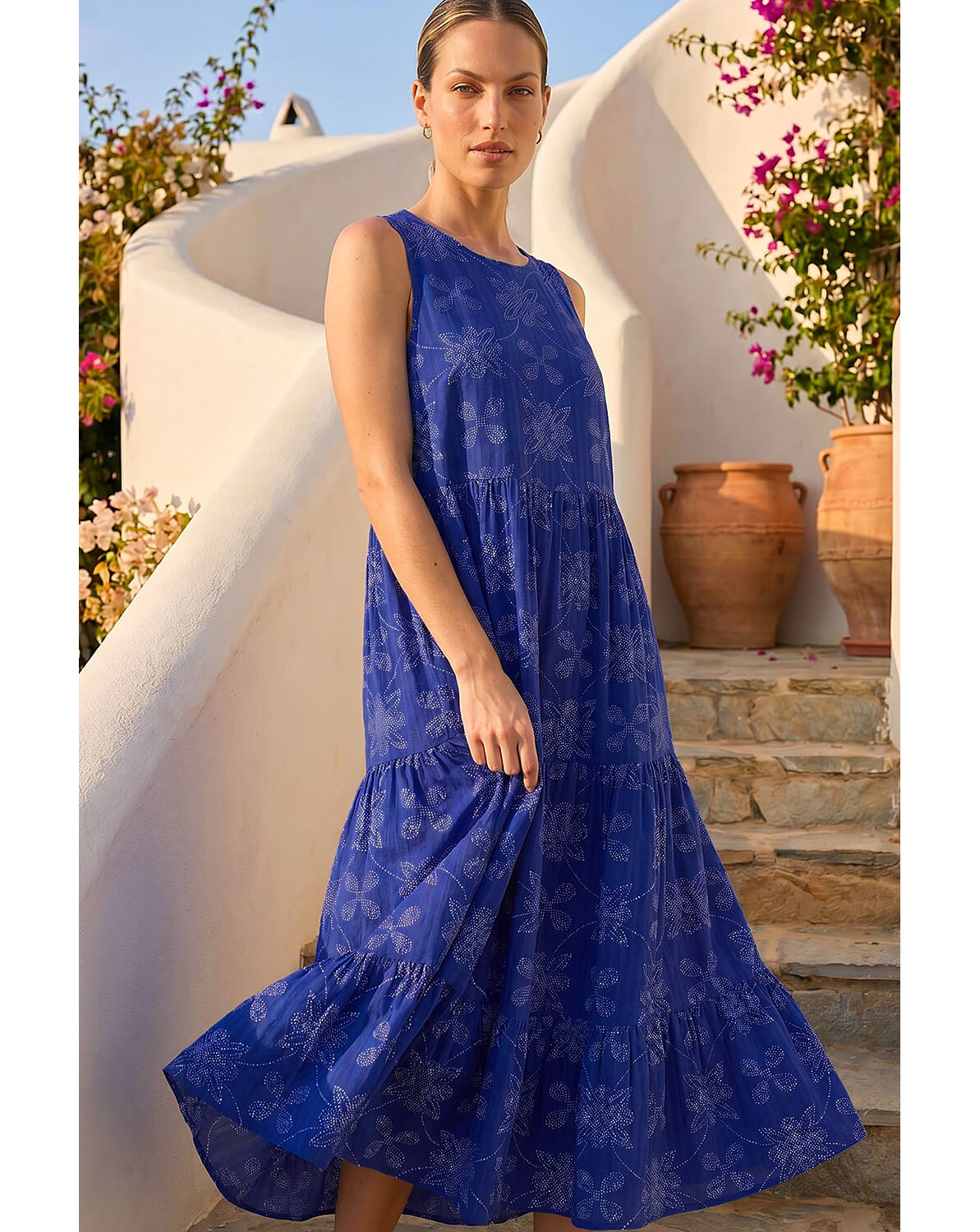 New In - Roman Floral Motif Tiered Midi Dress