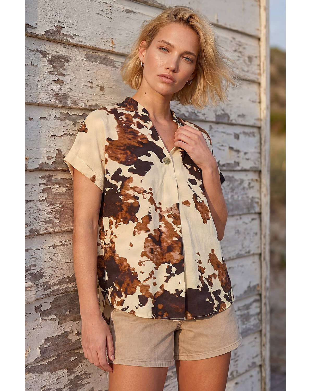 New In - Roman Cow Print Pleat Front Top