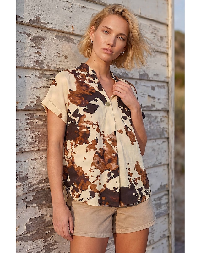 Roman Cow Print Pleat Front Top