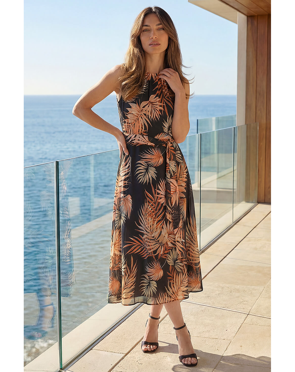 New In - Roman Leaf Chiffon Pleat Neck Midi Dress