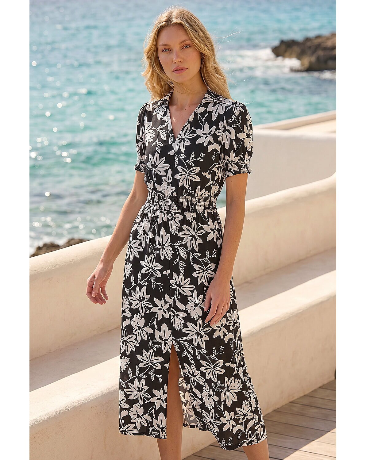Roman Floral Shirred Collared Midi Dress