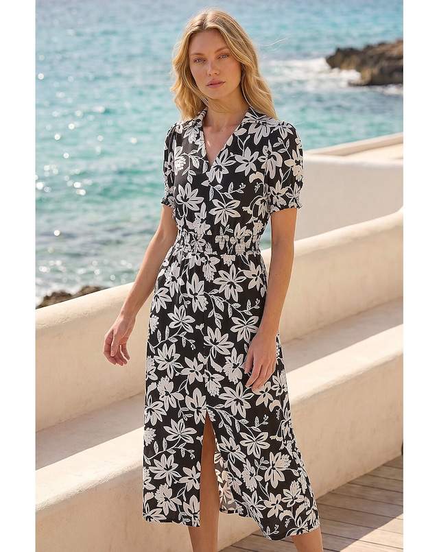 Roman Floral Shirred Collared Midi Dress