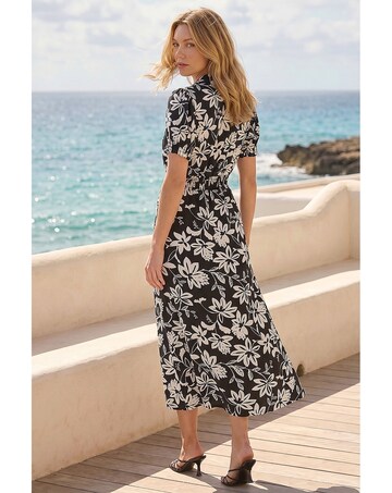 Roman Floral Shirred Collared Midi Dress