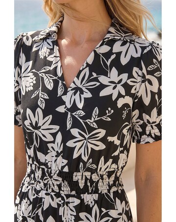 Roman Floral Shirred Collared Midi Dress