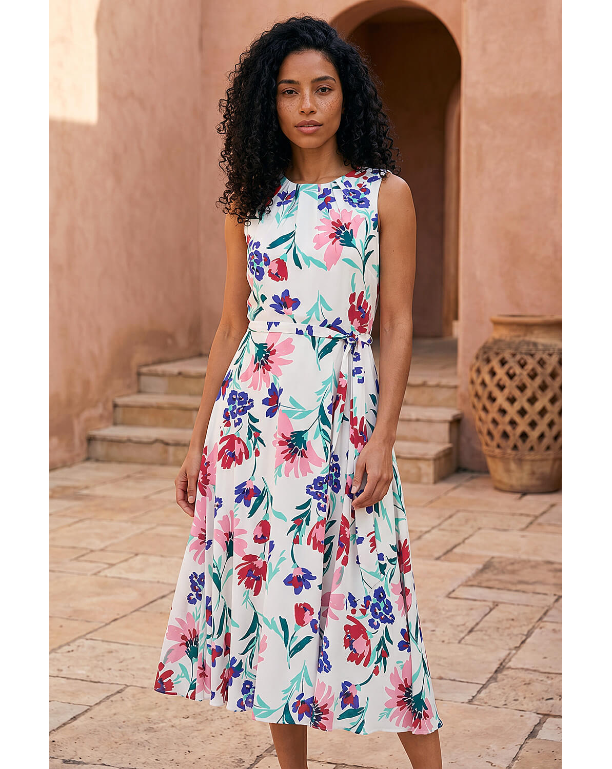New In - Roman Pleat Neck Floral Midi Dress